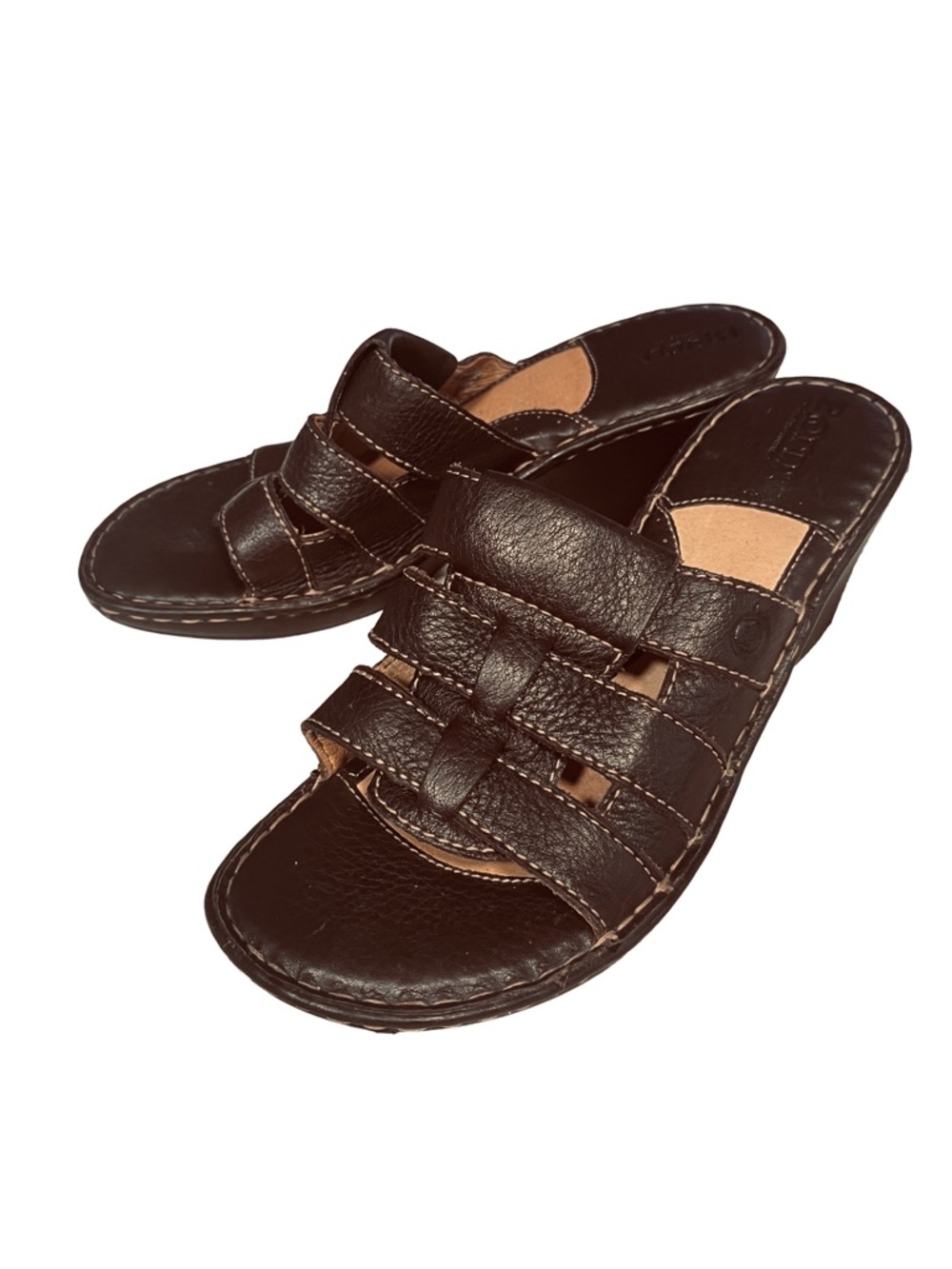 Born Dark Brown Leather Strappy Sz 8 Wedge Heel Sandals Comfort Mule Slides